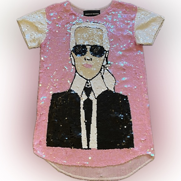 House of Mua Mua KARL PORTRAIT SEQUIN MAXI TEE DRESS. - Picture 6 of 6